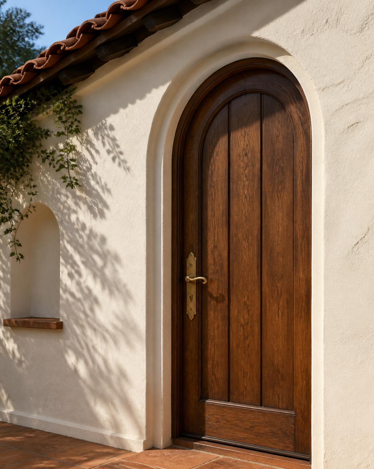 Arched wooden entry door with brass handle