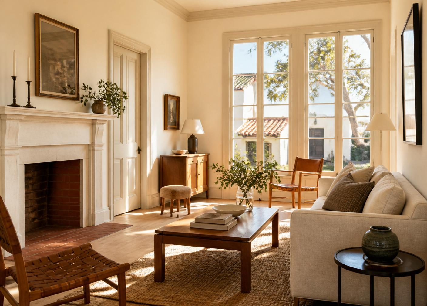 Sunlit living room with original fireplace and hardwood floors